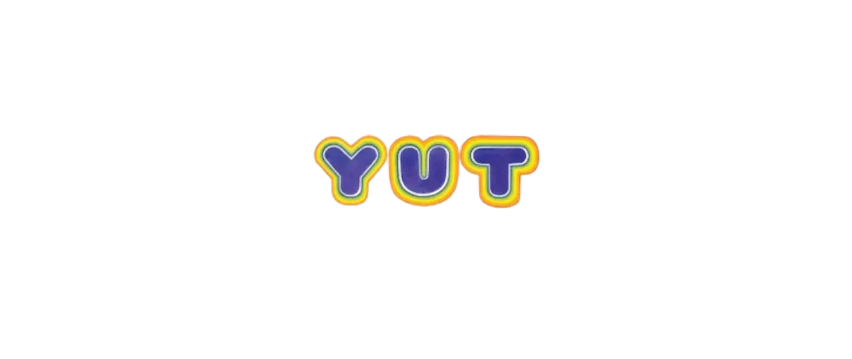 YUT cannabis-infused beverages logo in bold blue letters with yellow, orange, and green outline for a vibrant, playful brand look.