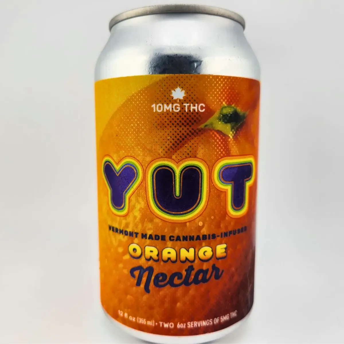 YUT Orange Nectar cannabis soda, Vermont-made THC-infused beverage, 12oz can with 10mg THC (two 5mg servings).