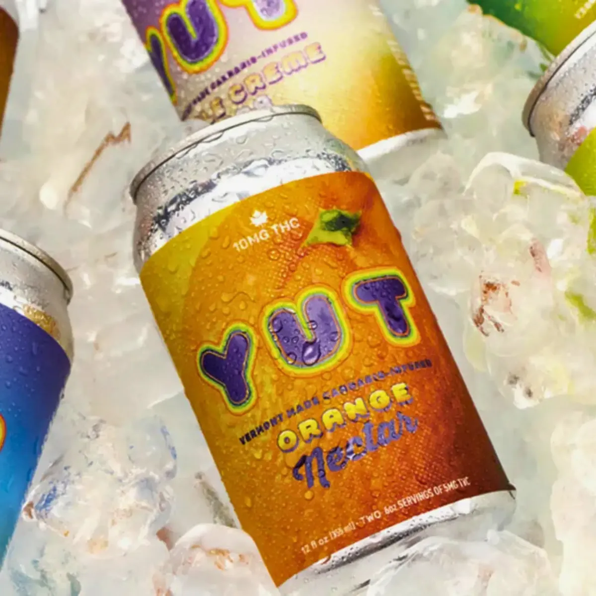 YUT Orange Nectar cannabis soda can on ice, Vermont-made THC-infused beverage, 12oz can with 10mg THC (two 5mg servings).