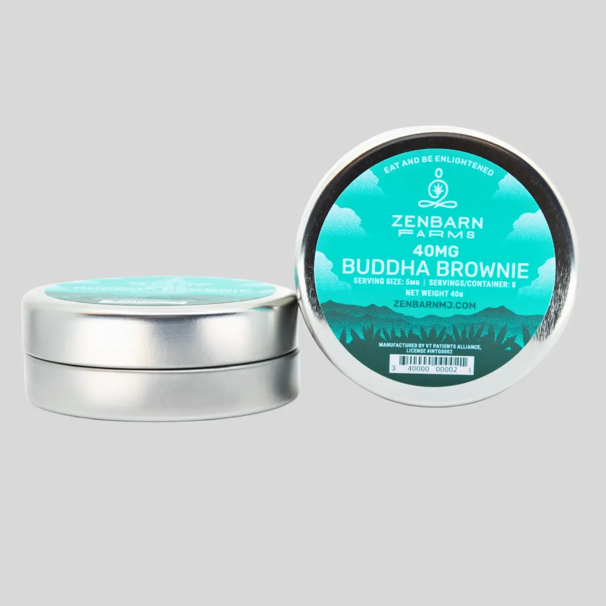 Zenbarn Farms Buddha Brownie tin, 40mg cannabis edible with turquoise mountain design label and silver container.