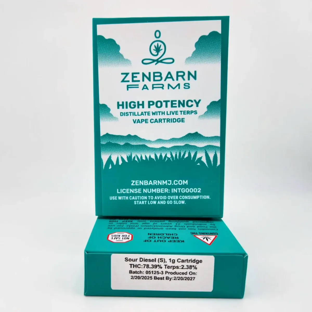 Zenbarn Farms High Potency vape cartridge box, turquoise packaging with mountain design, labeled Sour Diesel distillate with live terpenes.