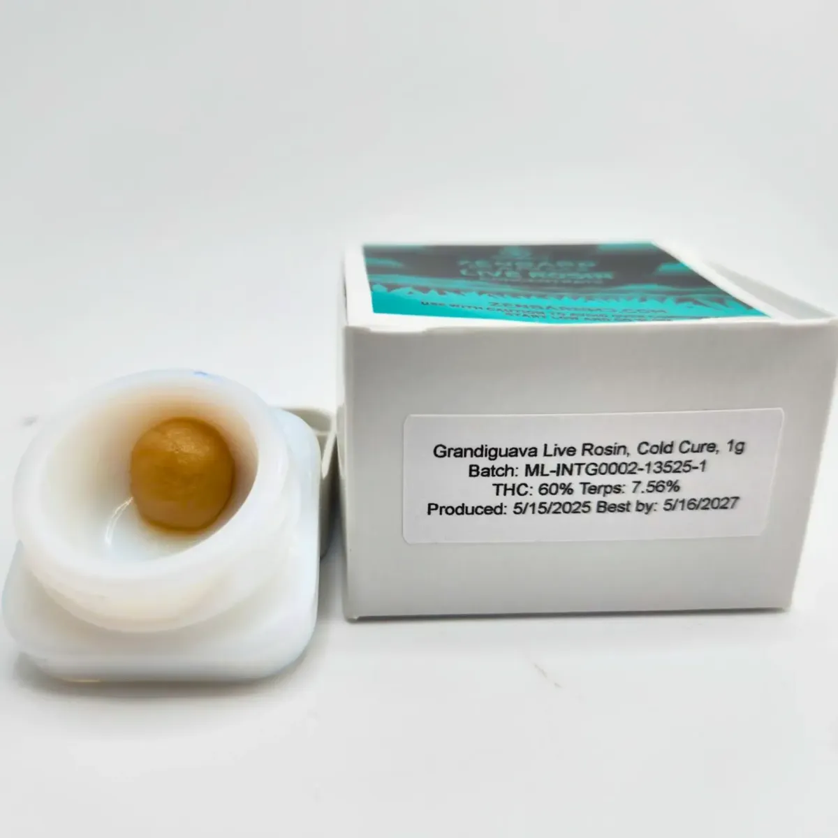 Zenbarn Farms Grandiguava live rosin cold cure, 1g jar with golden concentrate displayed, labeled 60% THC and 7.56% terpenes.