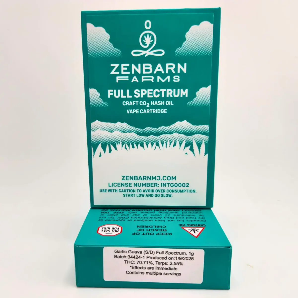 Zenbarn Farms Full Spectrum CO₂ hash oil vape cartridge, Garlic Guava strain, 1g, labeled 70.71% THC and 2.55% terpenes.