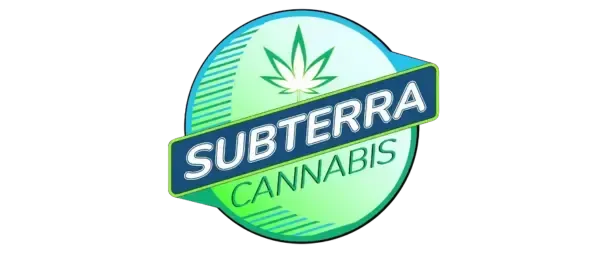 Subterra Cannabis logo with a green and blue circular design, featuring a stylized cannabis leaf in the background and the word “Subterra” across a navy diagonal banner with “Cannabis” written underneath.
