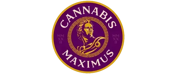 Cannabis Maximus logo featuring a purple and gold circular emblem with a Roman-inspired figure and cannabis leaf detail.