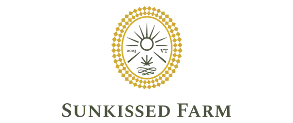Sunkissed Farm logo featuring an oval emblem with a sun, cannabis leaf, and decorative lines inside, surrounded by a checkered border, with the text “Sunkissed Farm” written below in cream on a dark background.