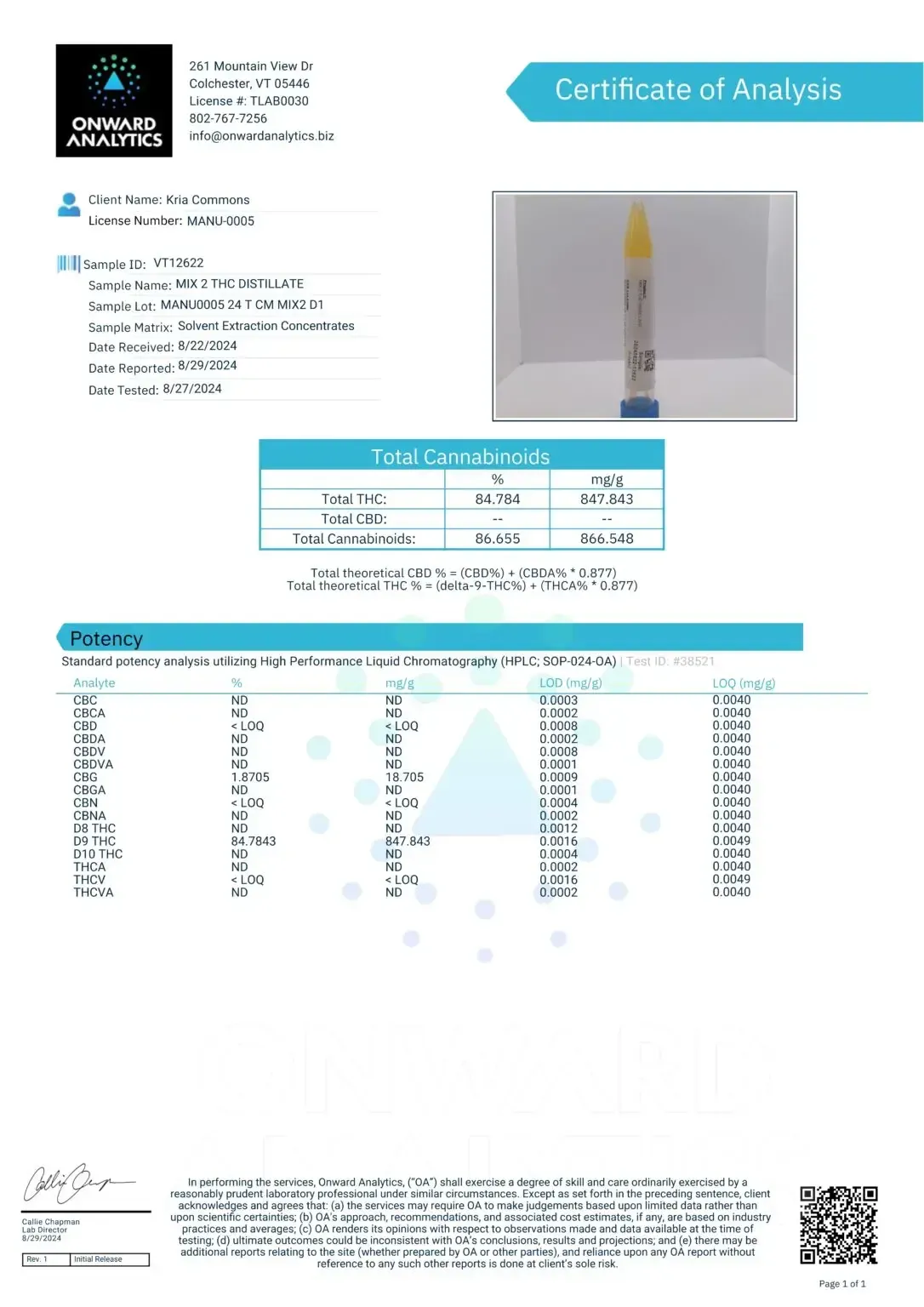 Certificate of Analysis from Onward Analytics for MIX 2 THC Distillate showing 84.78% THC, total cannabinoids 86.65%, tested August 27, 2024.