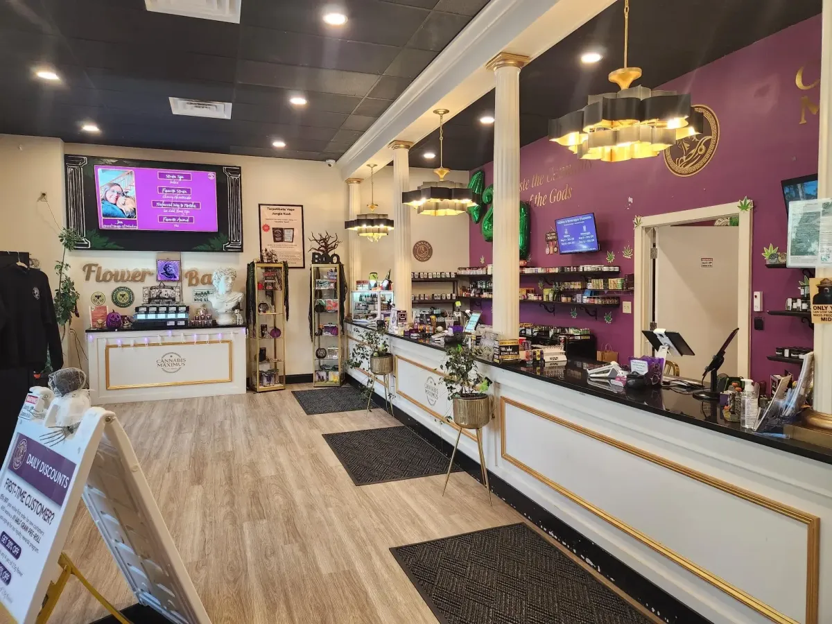 Interior of Cannabis Maximus recreational cannabis dispensary in Brattleboro, Vermont with product counters and displays