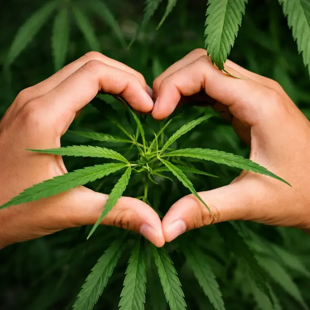 Human hands forming a heart around a fresh cannabis plant symbolizing care and quality at Cannabis Maximus