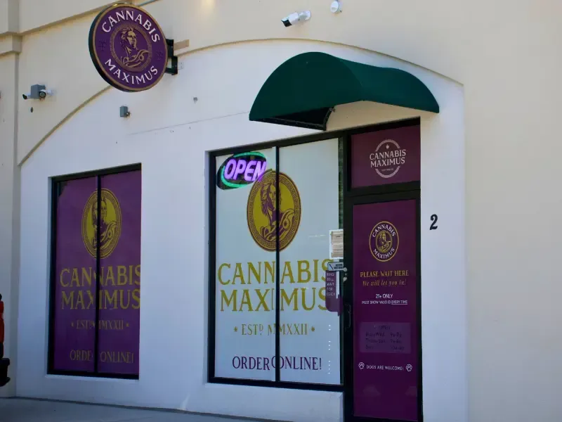 Exterior storefront of Cannabis Maximus recreational dispensary in Brattleboro Vermont