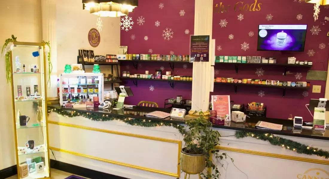 Interior of Cannabis Maximus recreational dispensary in Brattleboro Vermont showing product displays and checkout counter