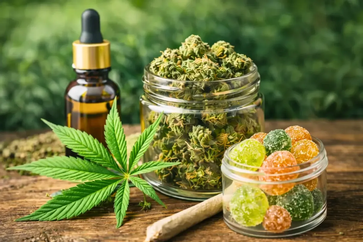 Cannabis flower in a jar with THC gummies, tincture oil dropper, joint, and cannabis leaf on wooden table