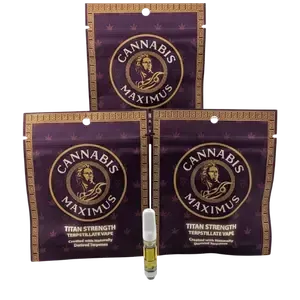 Cannabis Maximus Titan Strength THC vape cartridges with premium cannabis oil and branded packaging.