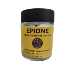 Epione Blackberry Lemon Gummies by Cannabis Maximus in a clear jar with black lid and yellow label, featuring the brand’s logo.