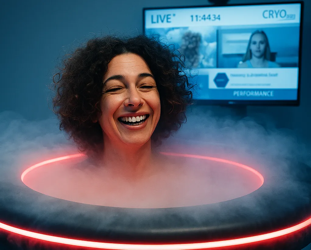 Vrouw in cryocabine omgeven door koude damp tijdens Whole Body Cryo-behandeling, met scherm op de achtergrond.