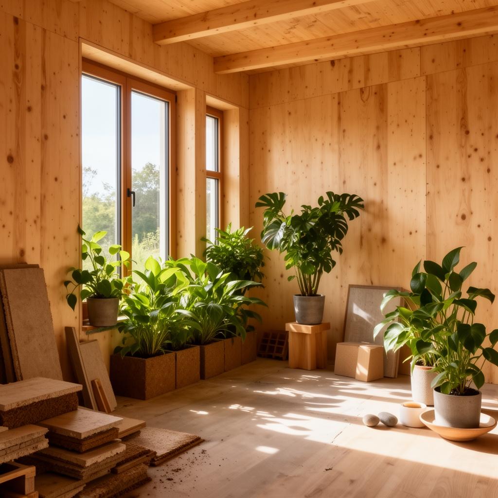 Warm wood interior with plants and natural light