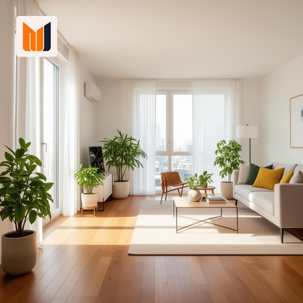 Bright living room with indoor plants and natural light