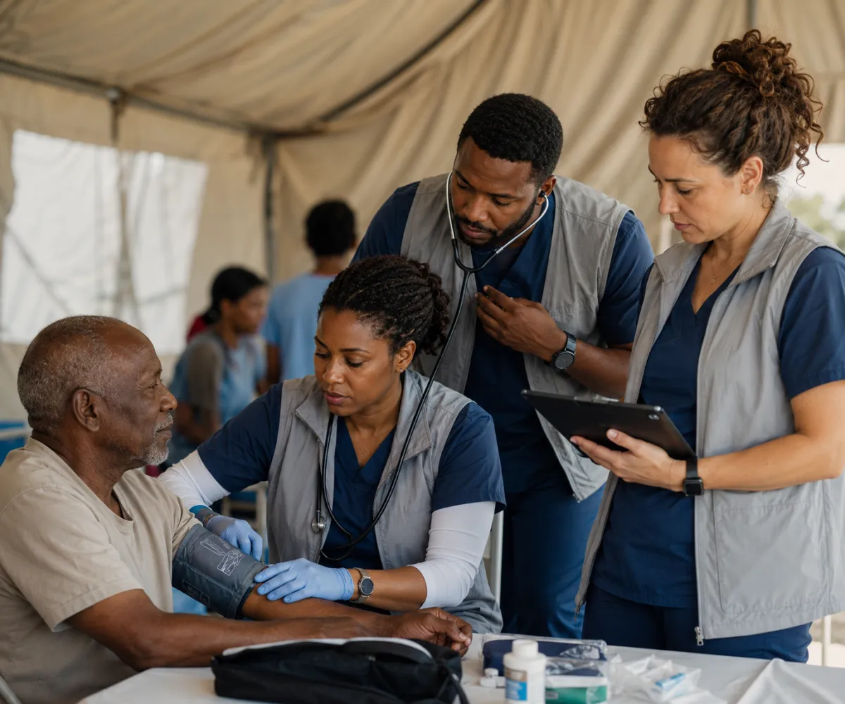 Clinical professionals delivering care during a medical mission