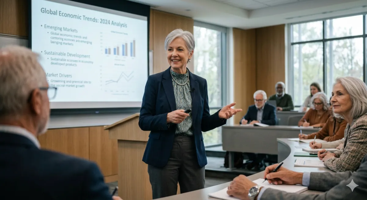 Friendly AI coach teaching seniors online