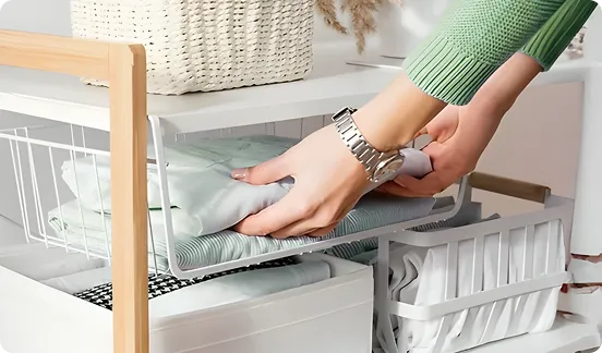 Beautifully organized home interior with labeled storage containers and tidy shelves