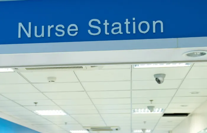 an empty nurses' station or a hallway in a care facility