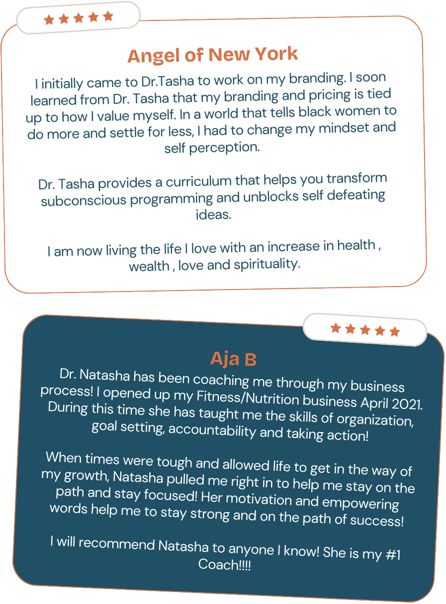 Client testimonials for Dr. Natasha Booker, a trauma-informed life coach for Black women — sharing transformation in business coaching, personal growth, confidence, and purpose-driven living