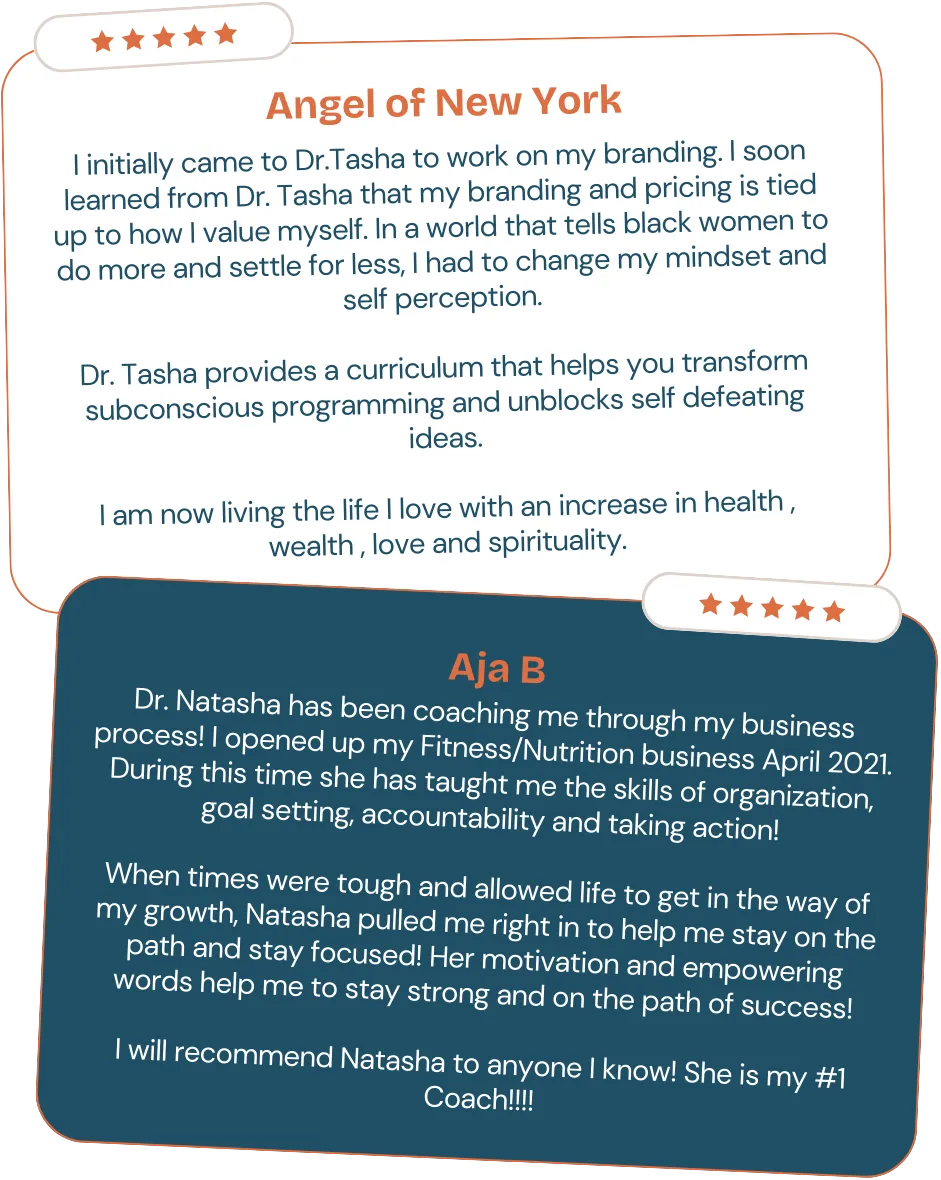 Client testimonials for Dr. Natasha Booker, a trauma-informed life coach for Black women — sharing transformation in business coaching, personal growth, confidence, and purpose-driven living