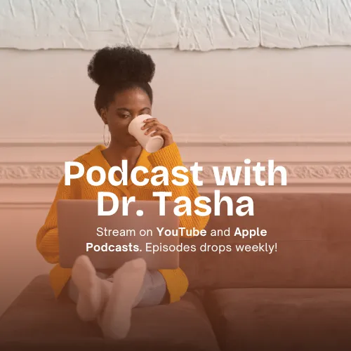 Black woman relaxing with a laptop and coffee — tuning into Dr. Natasha Booker’s weekly podcast on healing, growth, and leadership for Black women.