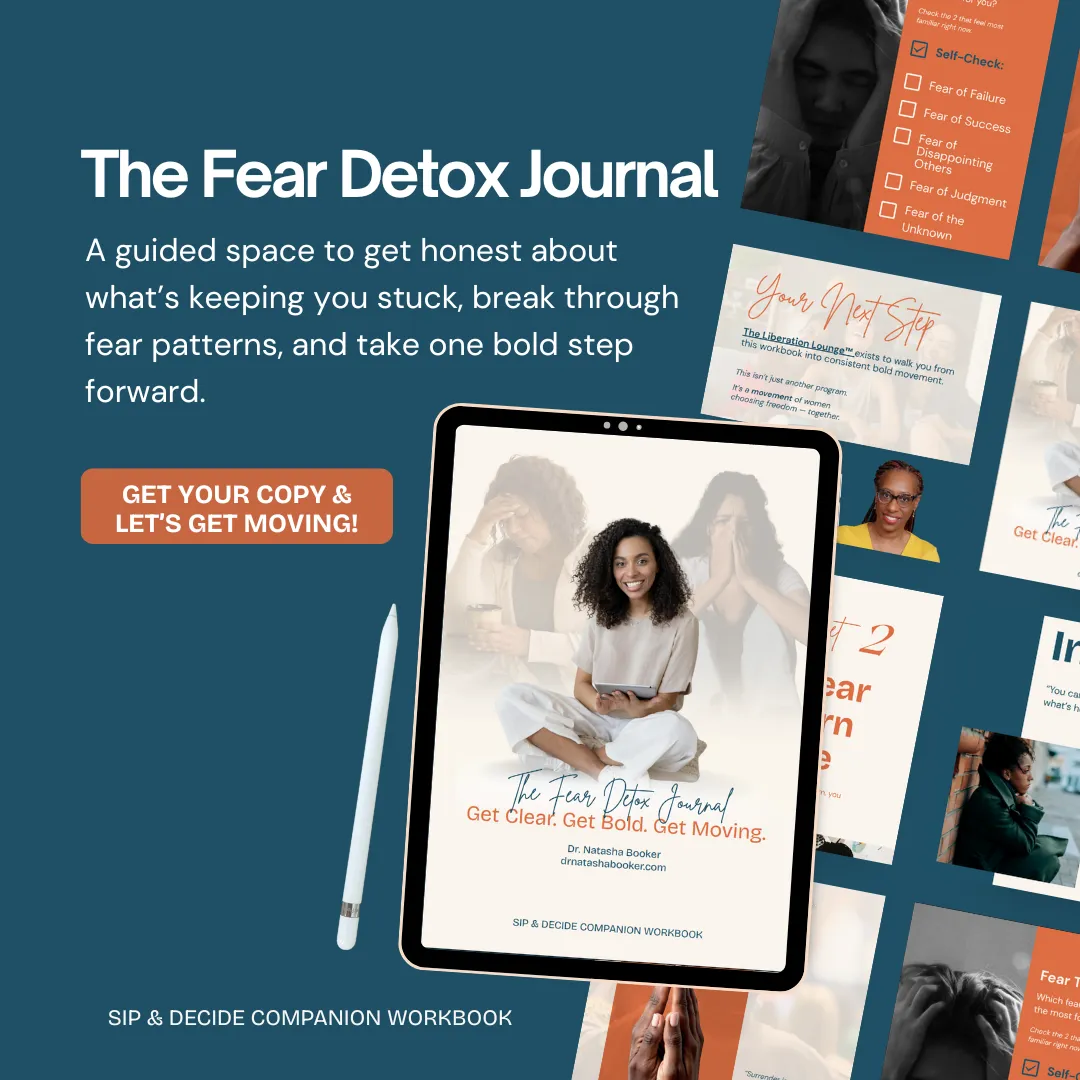 Black woman watching "And Another Thing!" podcast by Dr. Natasha Booker on a laptop — biweekly coaching podcast for Black women on healing and growth