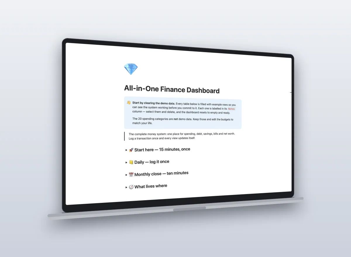 Tilted browser frame showing the Notion dashboard