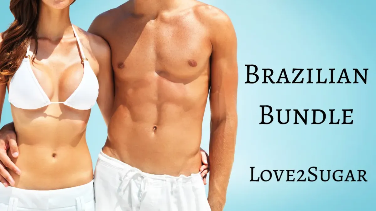 Couple posing in swimwear promoting Brazilian Bundle course by Love2Sugar, emphasizing body sugaring techniques for hair removal.