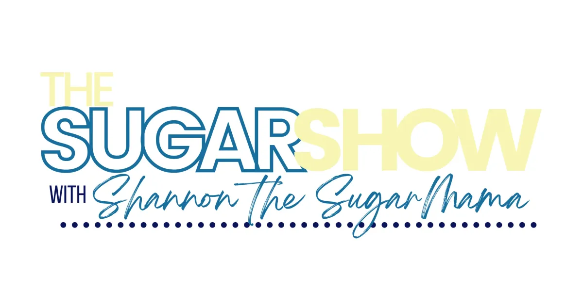 Logo of "The Sugar Show" featuring the title in bold blue and yellow text, with "with Shannon the Sugar Mama" written in a cursive style, emphasizing sugaring education and community.