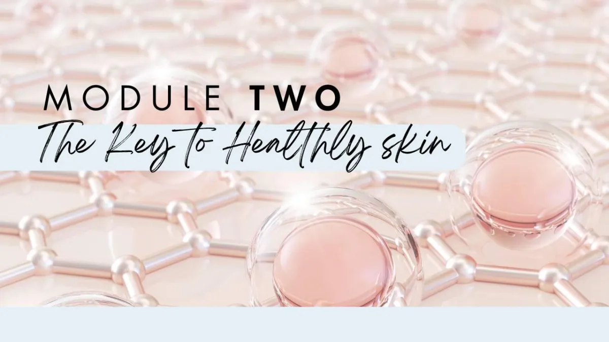 Module two title graphic featuring "The Key to Healthy Skin" with pink spheres and geometric background, emphasizing skin health and beauty education in the Love2Sugar sugaring certification course.