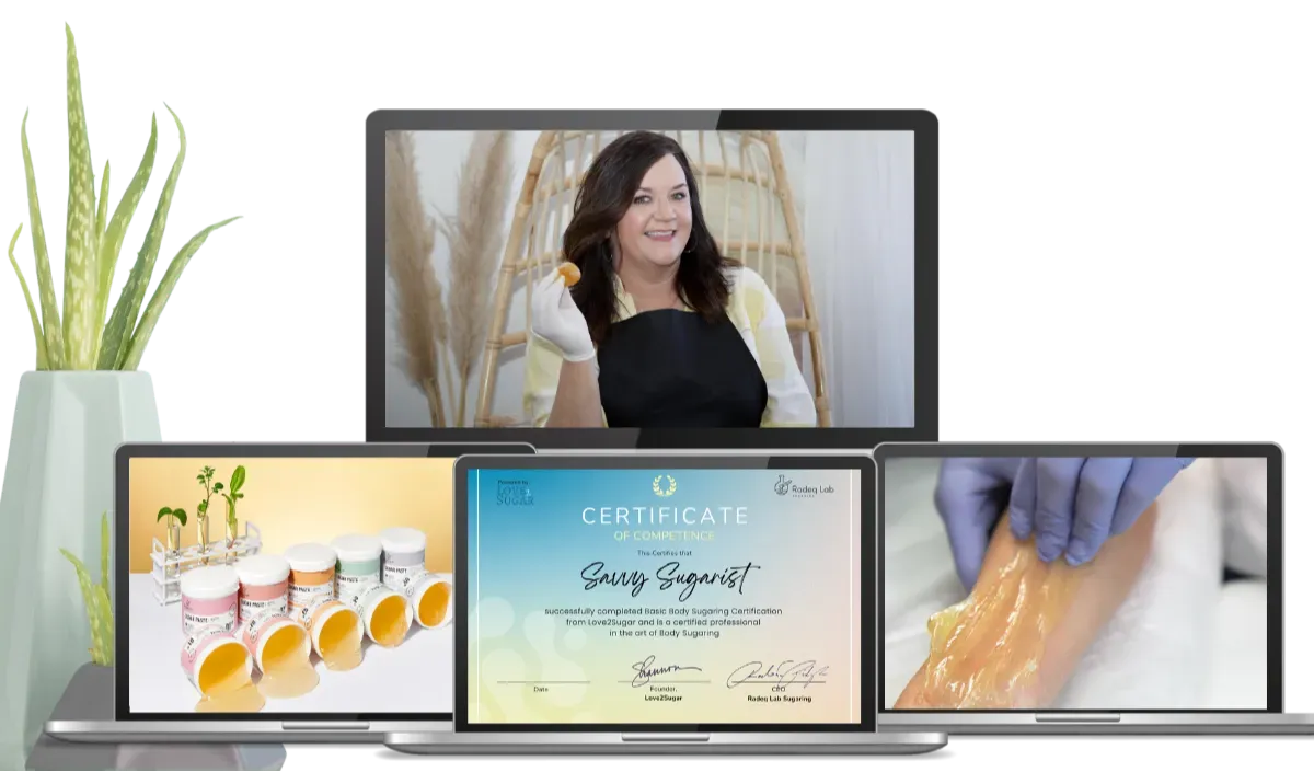 Woman demonstrating body sugaring techniques with a certificate of competence displayed, alongside sugaring products and a hands-on application scene, emphasizing Love2Sugar's certification program in collaboration with Radeq Lab.