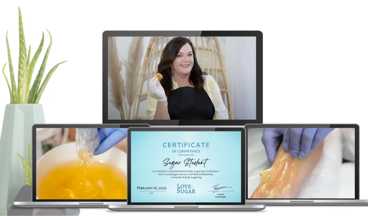 Shannon demonstrating body sugaring techniques with a certificate of competence displayed, alongside sugaring products and a hands-on application scene, emphasizing Love2Sugar's certification program in collaboration with Radeq Lab.