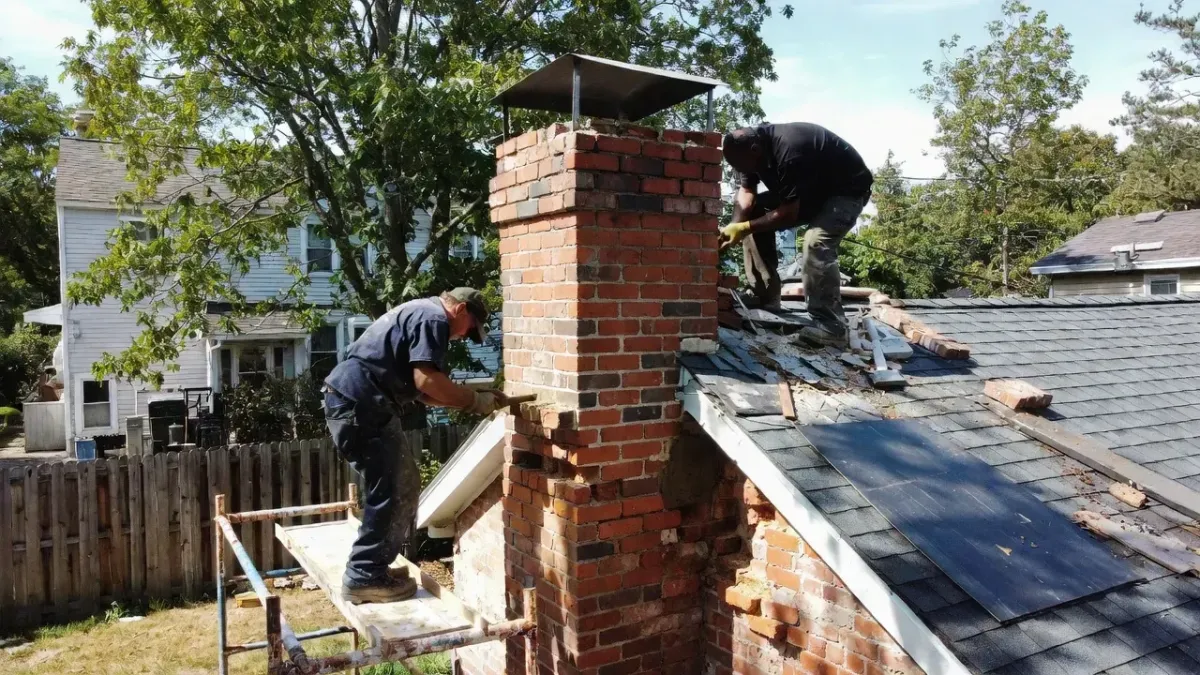 Chimney repair in Cambridge MA with professional masonry contractors rebuilding damaged brick chimney on residential roof.