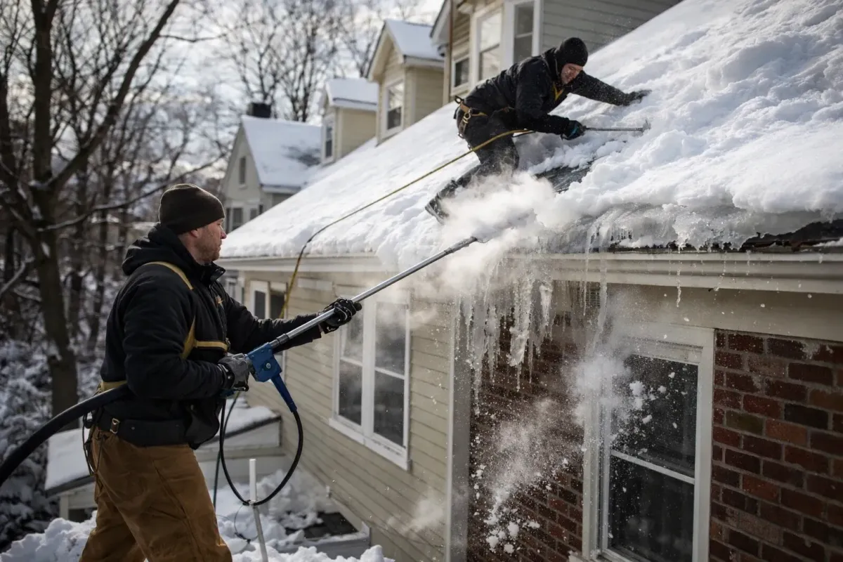 Cambridge MA ice dam removal project showing licensed roofers clearing heavy snow and ice buildup to prevent roof leaks and water damage.