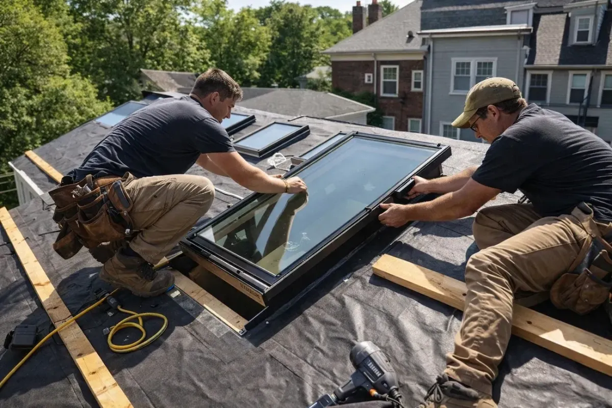 Skylight installation in Cambridge MA with professional roofing contractors installing energy-efficient roof window on residential home.