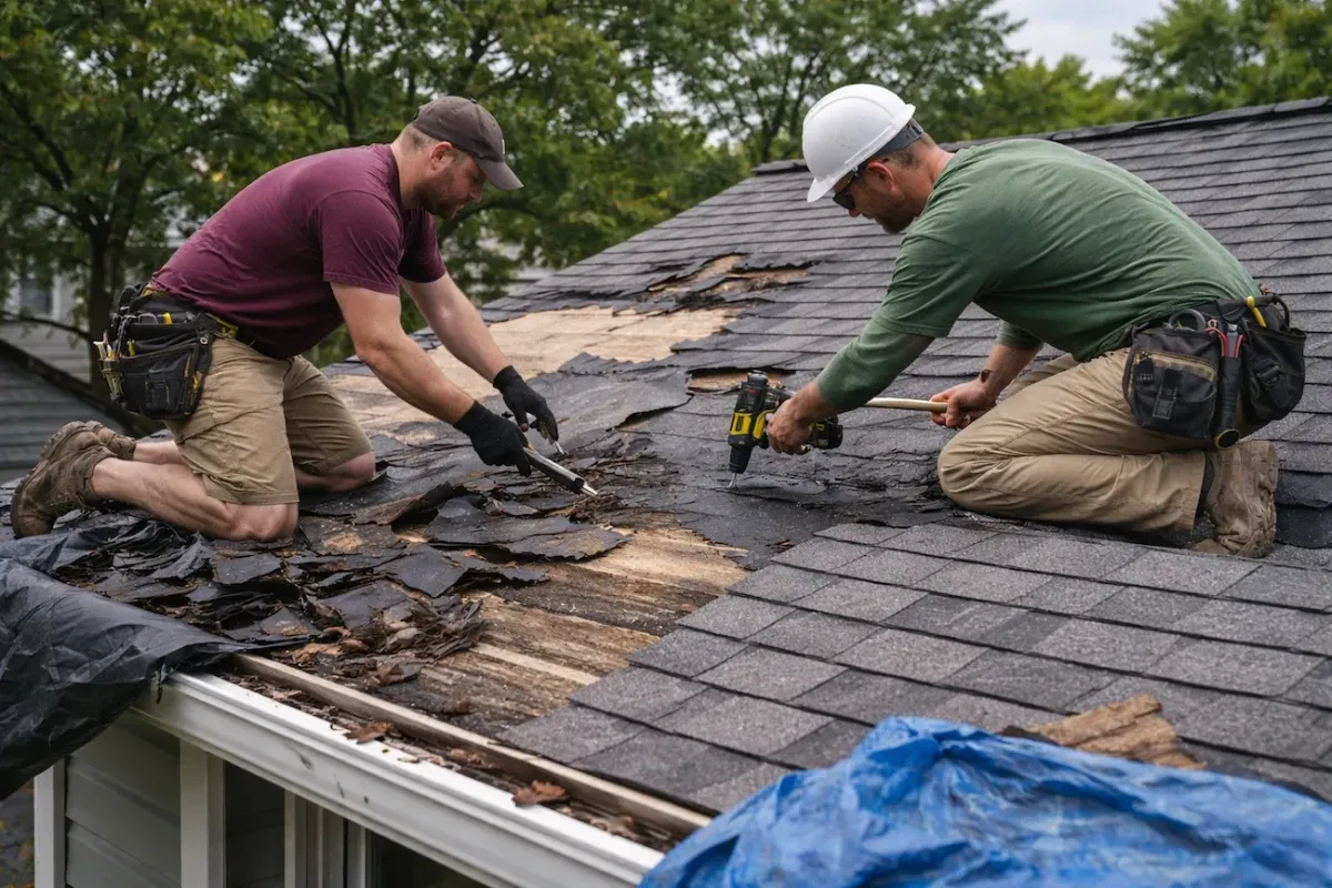 Cambridge MA storm damage repair project showing licensed roofers replacing torn asphalt shingles after severe weather.
