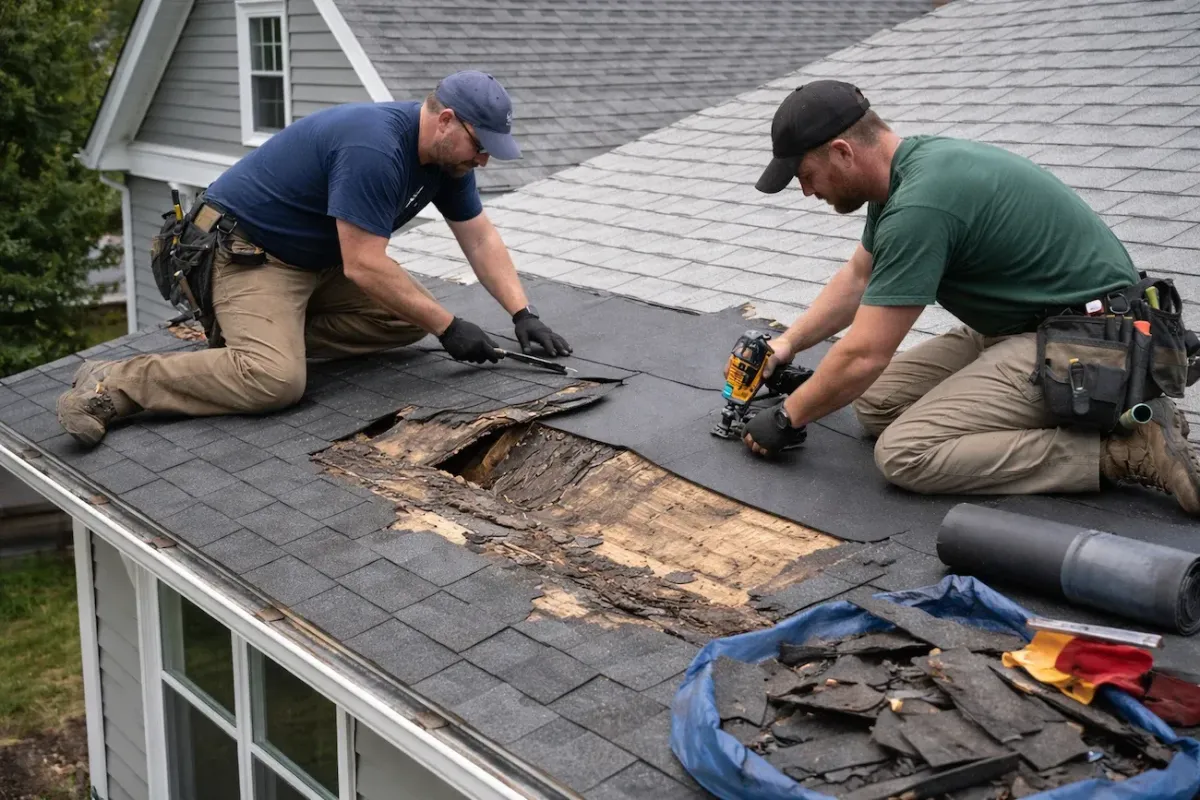 Cambridge MA roof repair project showing licensed roofers removing rotted wood and repairing asphalt shingle roofing system.
