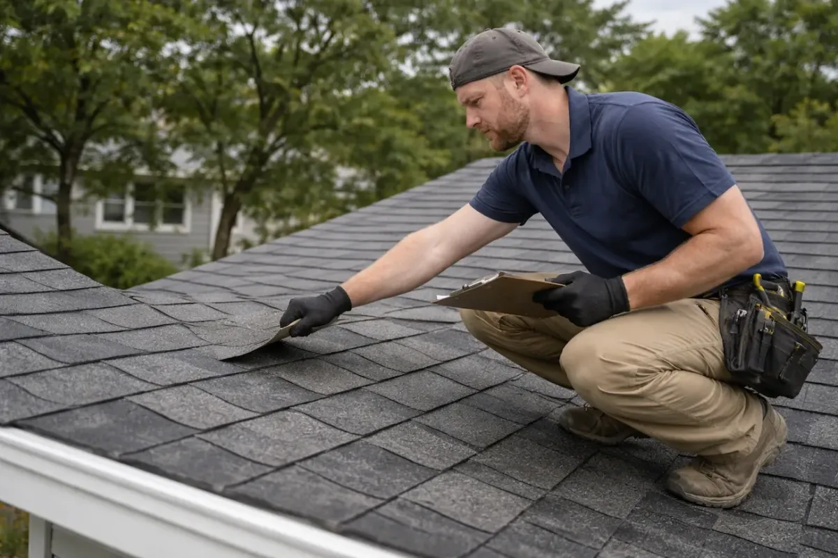 Cambridge MA roof inspection service showing licensed roofer checking shingle condition to identify leaks and storm damage.