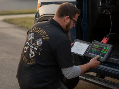 mobile mechanic running vehicle diagnostics in Northwest Arkansas driveway