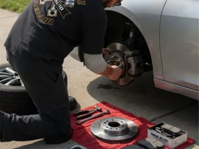 mobile mechanic replacing brake pads and rotors at home in Northwest Arkansas