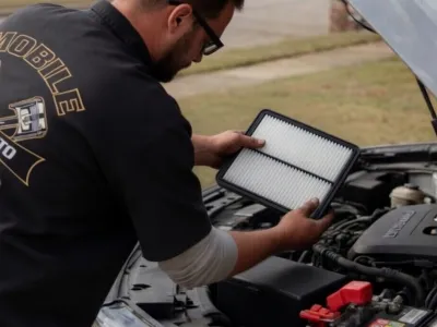 mobile mechanic performing oil change and maintenance at customer home in Northwest Arkansas