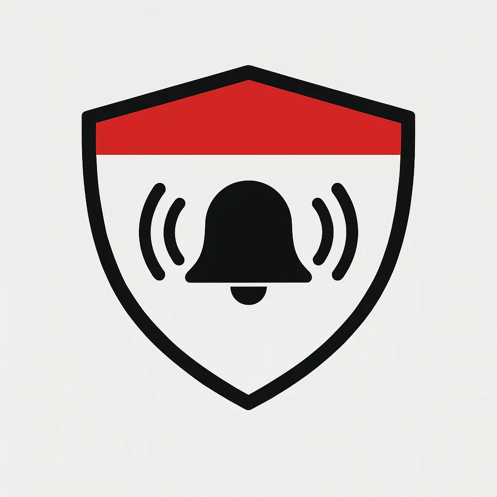 Shield icon with alarm bell – intruder alarm system security badge