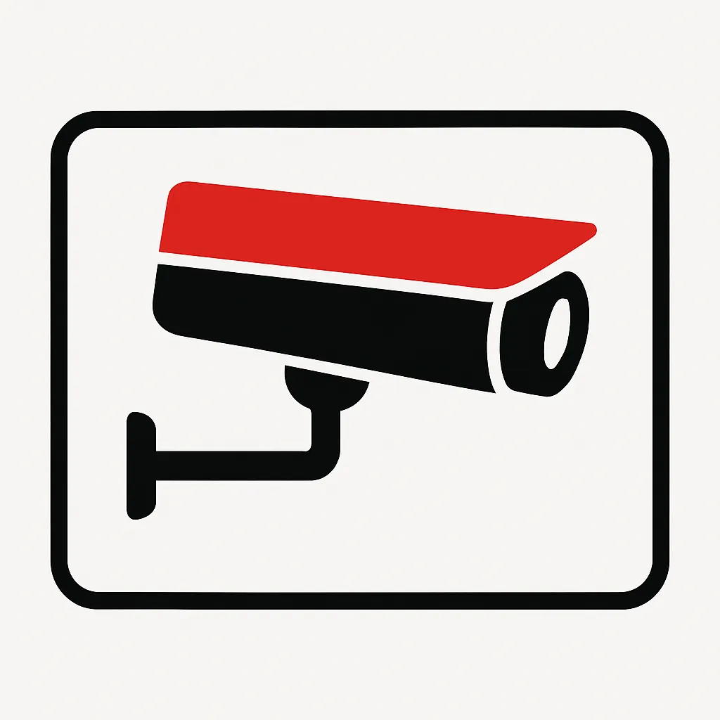 Red and black CCTV camera icon – 24/7 surveillance and remote monitoring