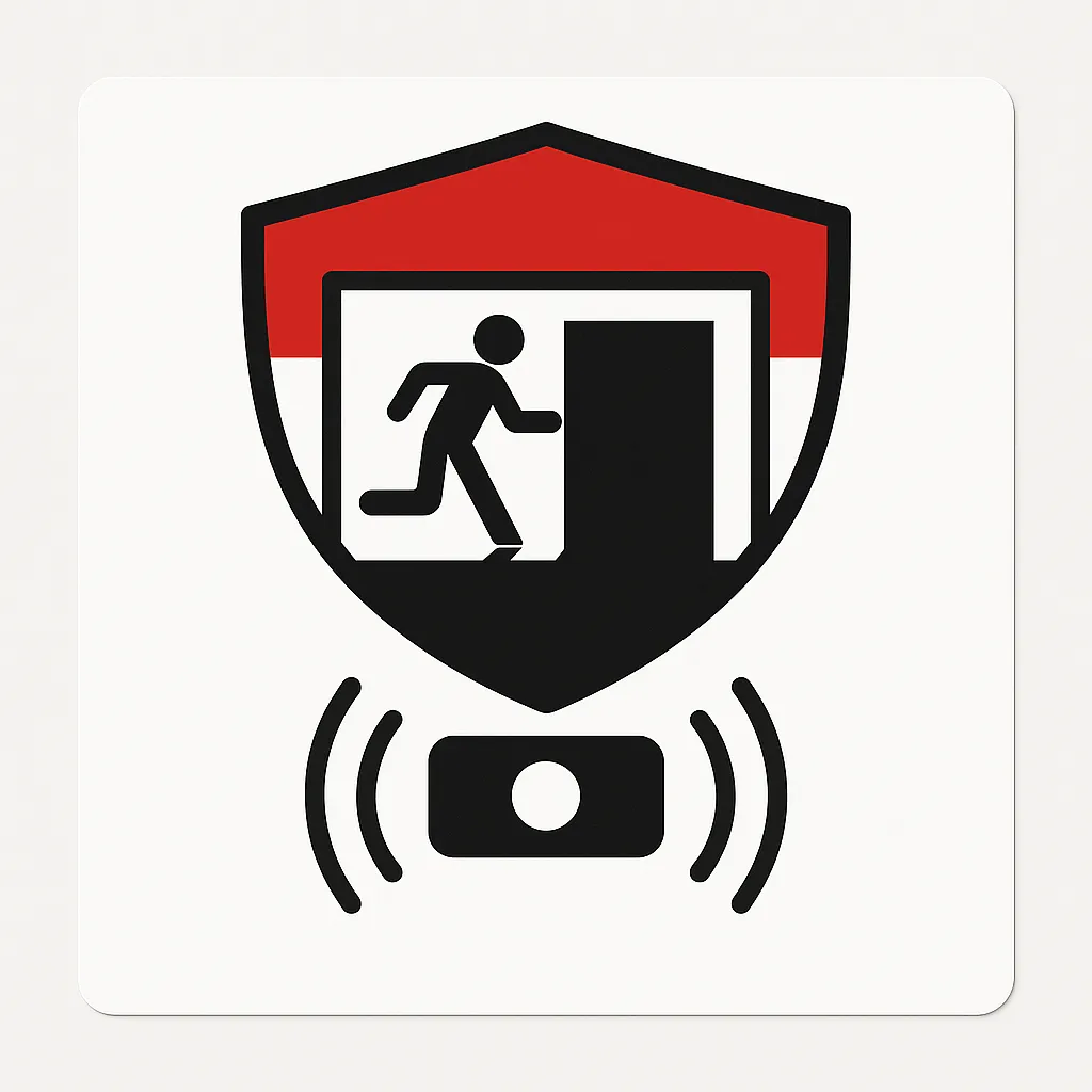 Emergency exit symbol with light beam – automatic safety lighting system