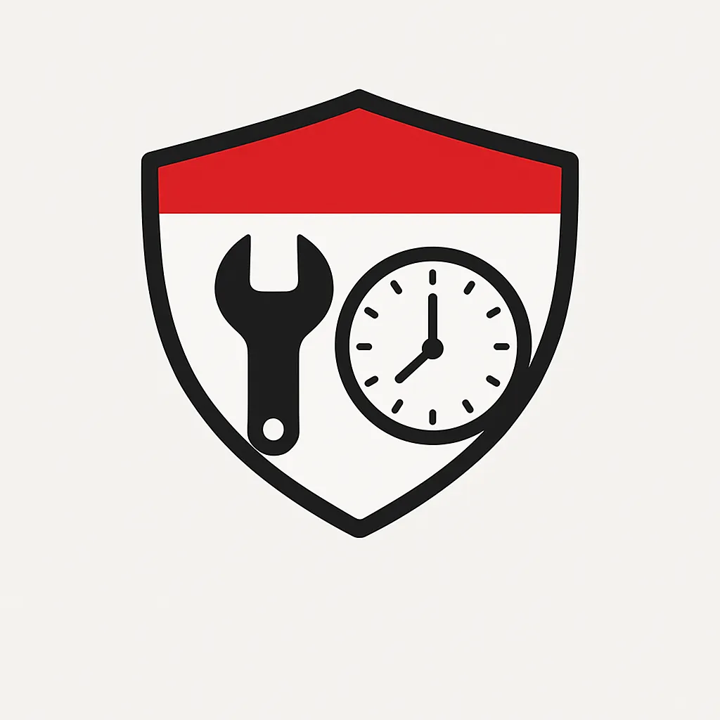 Wrench and clock inside shield – system maintenance and 24/7 monitoring icon