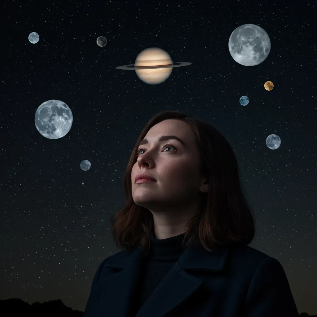 AI generated image of woman looking up while planets swirl around her