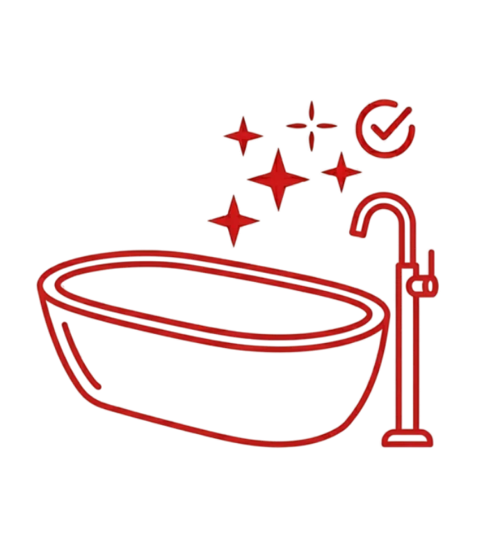 Red line icon of a freestanding bathtub and faucet with decorative accents, representing kitchen and bathroom plumbing remodels, fixture upgrades, custom home plumbing, and quality craftsmanship for residential renovation projects.